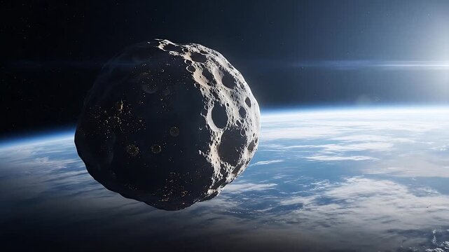 Massive cratered asteroid moving through deep space animation video clip
