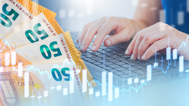 Online banking, financial trading on laptop with euro banknotes and digital stock market chart overlay showing investment growth and currency analysis