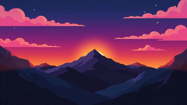 Flat Illustration of Mountain Peak at Sunset with Clouds in Sky