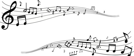 Flowing musical staff lines with black notes and treble clefs © Hammad