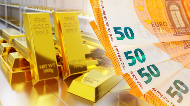 Investment, gold bullion trading and currency exchange illustrating financial assets and wealth management with gold bars and euro banknotes in market concept