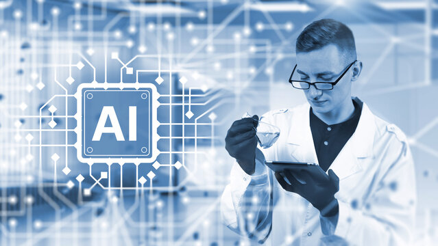 Biotechnology research laboratory scientist analyzes sample using tablet and pipette with AI digital interface overlay for data-driven experimentation