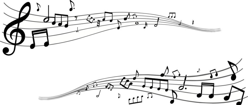 Flowing musical staff lines with black notes and treble clefs