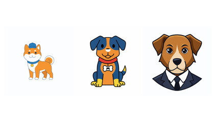Fototapeta premium Three stylized dog mascot characters and logo emblems on white background