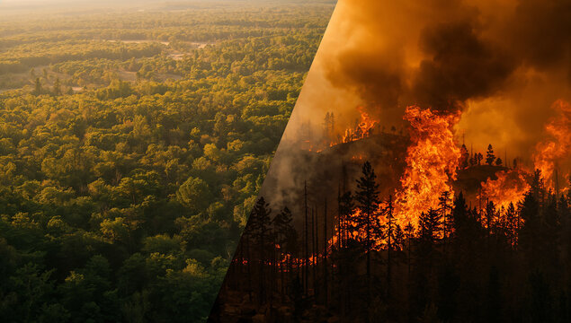 Forest fire devastation contrasted with lush green woodland under warm sunlight