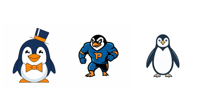 Three stylized penguin mascot characters and logo emblems on white background