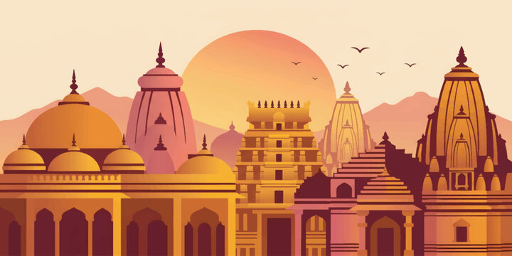 Hindu temples at sunset landscape scene.