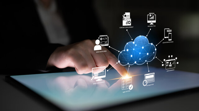 Cloud computing, cloud strategy, and cloud technology transforming digital infrastructure with scalable services, secure data storage, and cloud-based digital business solutions. Spline