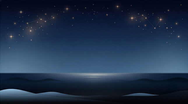 星座が輝く静寂の夜空と海：幻想的でロマンチックな背景素材　Silent Night Sky and Sea with Shining Constellations: Dreamy and Romantic Background Material