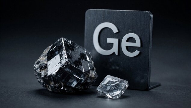Black square word written white capital letters next there small piece crystals which appear type gemstone arr