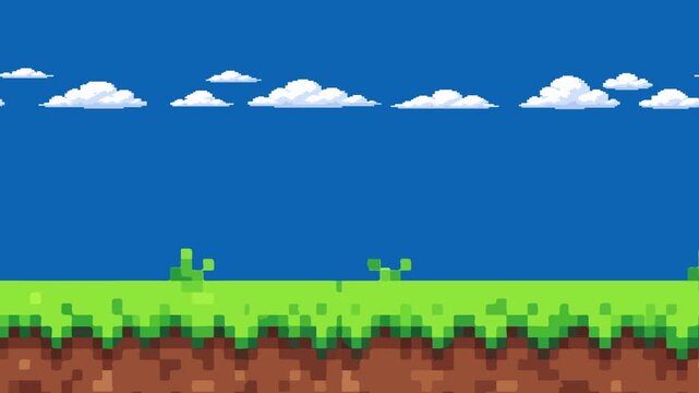 Pixel Art Game Landscape Background with Grass Platform and Blue Sky