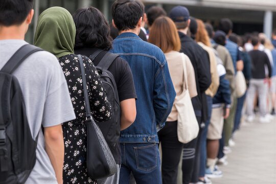 Diverse Crowd in Queue, a Long Lineup of Patrons with Anonymity in an Urban Street Scene