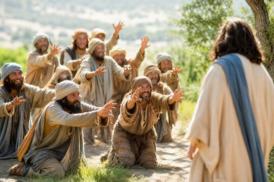 Lepers urgently call out to Jesus from a distance, seeking healing and redemption in a dynamic moment of faith and compassion.