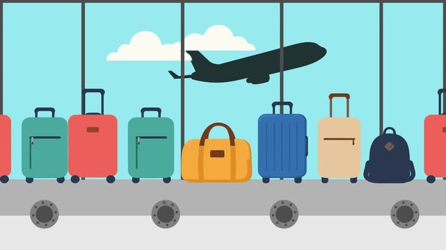 Flat Illustration of Airport Luggage Conveyor Belt with Airplane Travel Concept