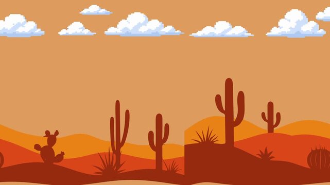 Flat Desert Landscape Illustration with Cactus and Sunset Background