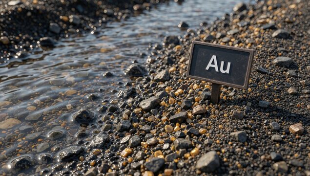 Small black sign letters written standing rocky beach rectangular shape placed wooden post covered pebbles roc