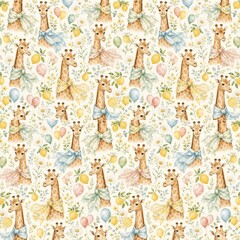 Fototapeta premium Watercolor Cute Baby Giraffe Seamless Pattern with Balloons, Flowers and Pastel Botanical Elements