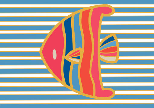 Colorful Tropical Fish on Coastal Striped Background &ndash; Modern Nautical Summer Illustration