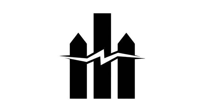 Vector illustration of abstract logo design featuring three vertical pillars and a lightning bolt on a transparent background