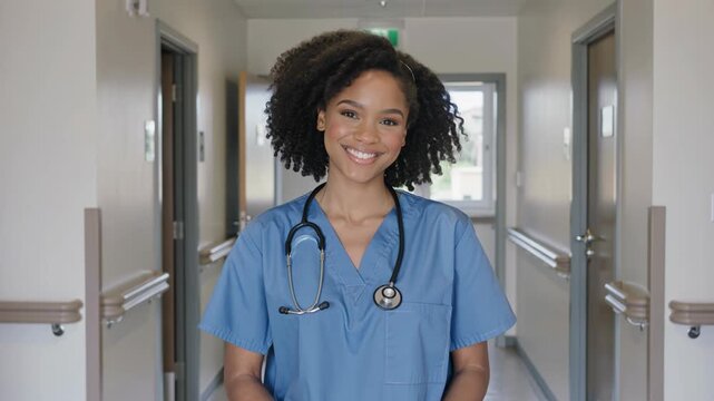 Smiling black woman doctor wearing scrubs in hospital hallway  