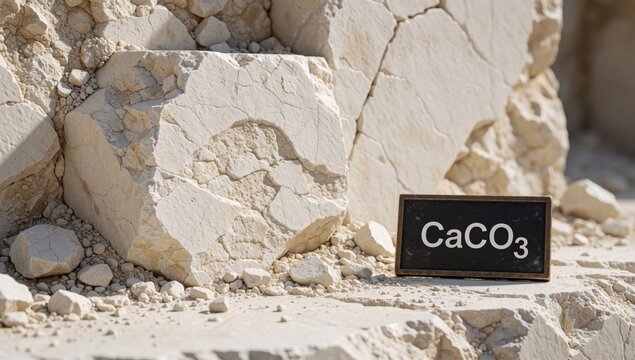 Small black rectangular sign word caco3 written white capital letters placed pile rocks pebbles background blu