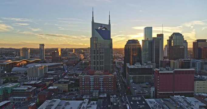 Nashville Tennessee Aerial v22 Downtown cityscape sunset views from river way perspective - October 2018