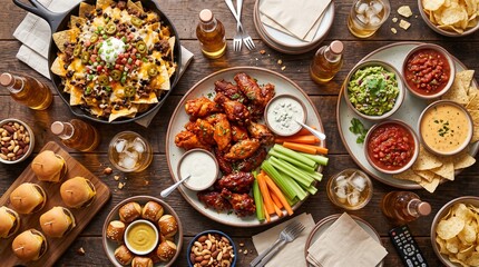 Appetizer spread with nachos, chicken wings, sliders, pretzels, chips, dips and drinks © Felippe Lopes