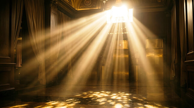 Dramatic light rays shining through a window into a dark room