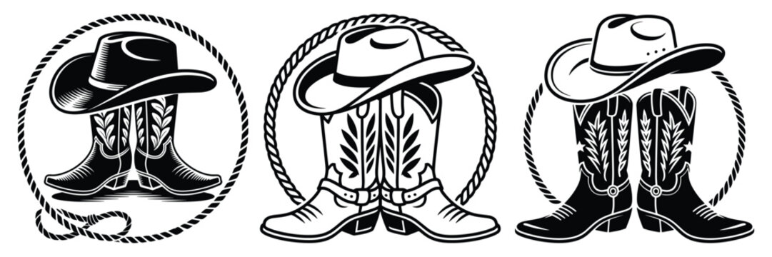 Cowboy Hat and Boots Vector Illustration Set, Rustic Cowboy Hat Boots Illustration Collection, Hat and Rope Badge Style