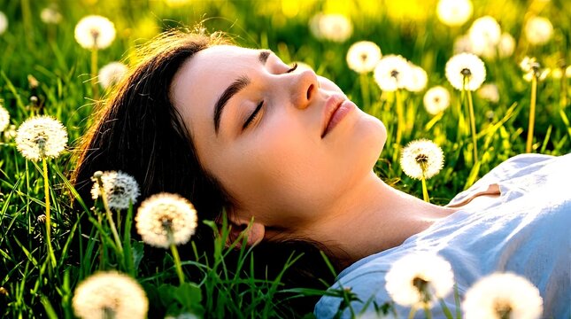 A beautiful young woman lying down on green grass with closed eyes, surrounded by fluffy white dandelions in golden sunlight, capturing a moment of peace, relaxation, and mindfulness.