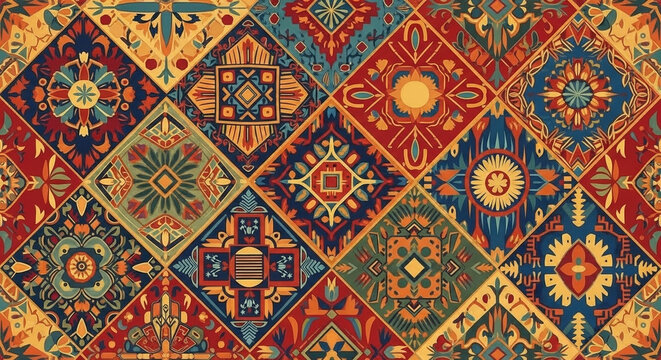 Vibrant, intricately patterned textile, featuring a kaleidoscope of geometric motifs and traditional floral designs, evokes a rich tapestry of cultural heritage with its warm, earthy color