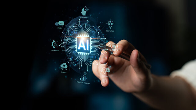 Concept of an enterprise Artificial Intelligence solution. A central processor powers machine learning for business automation, innovation, and intelligent data analysis. Fermion