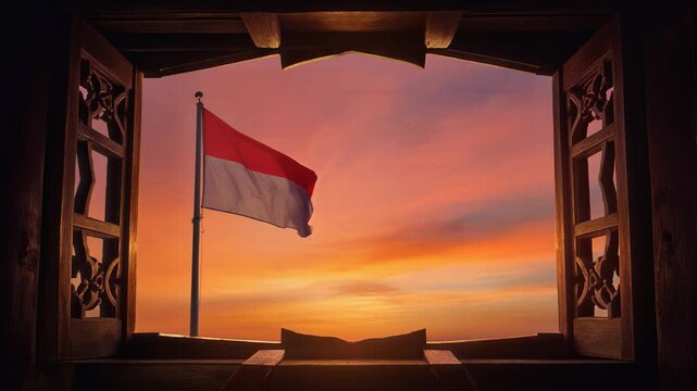 Indonesian flag waving at sunrise, cinematic view through intricately carved wooden window frame, vibrant dawn sky with warm golden hues, symbolizing national pride, cultural heritage, and new