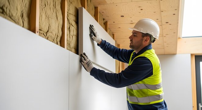 Construction worker installing drywall panels on a wooden frame.