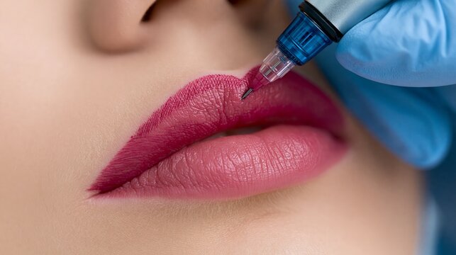 Permanent makeup machine needle at the cupid's bow of a client's lip in an extreme symmetric centered closeup. Concept of lip micropigmentation.