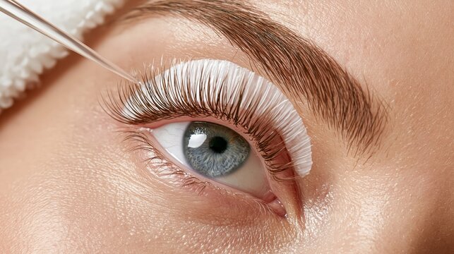 Overhead closeup looking straight down at a lash lift rod on an eyelid with lashes wrapped around it and solution being applied. Concept of lash lift treatment.