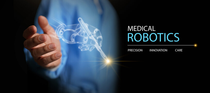 Medical robotics concept showing AI assisted robotic surgical hand interacting with surgeon or doctor hand. Precision healthcare, automation, innovation, patient safety, and future medical technology