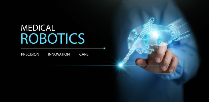 Medical robotics concept. Doctor or surgeon touching digital robotic hand with surgical scalpel. AI precision, innovation, care, advanced healthcare technology, and future digital medical systems.