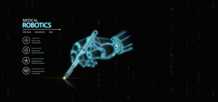 Medical robotics and artificial intelligence concept. Robotic hand with surgical scalpel. Precision healthcare, innovation, automation, patient safety, AI assisted surgery, advanced medical technology