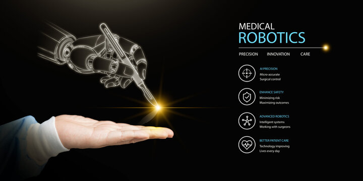 Medical robotics concept robotic surgical hand interacting with surgeon or doctor hand. AI precision, advanced healthcare innovation, automation in surgery, patient human safety, future medical care