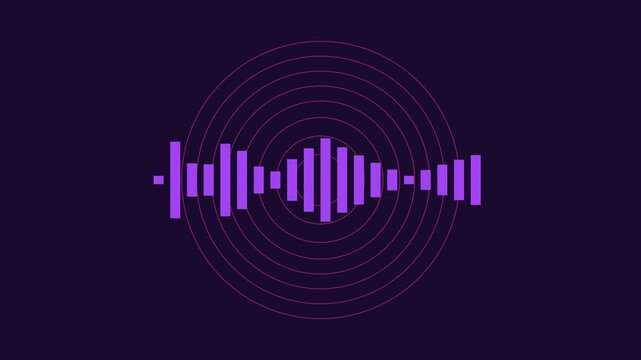 Animated purple sound wave equalizer with concentric circles animation 4k background, for audio visualization, and music production