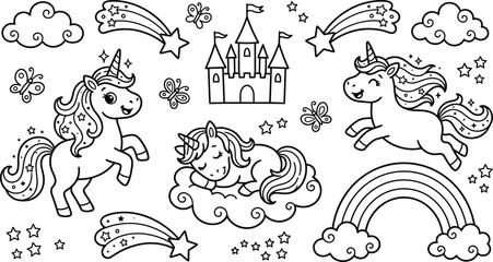 Cute magical unicorn cartoon collection with castle, rainbow, shooting stars, butterflies, clouds, and enchanted fantasy outline vector illustration set © MdMostafijur