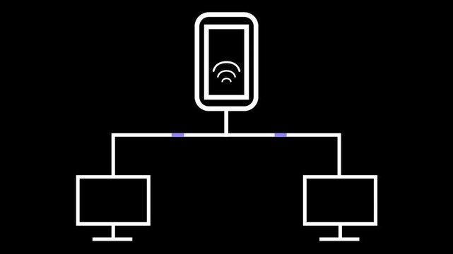 Animated white line art icon of a smartphone sharing a mobile hotspot connection with two desktop computers on a black background.