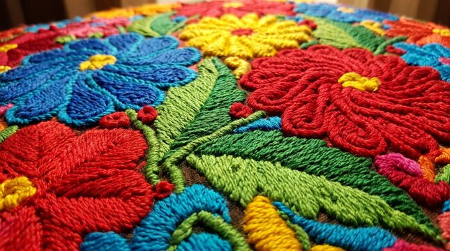 Mexican floral folk pattern hand embroidered textile texture with embroidery handmade botanical traditional cultural