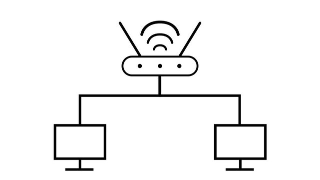 Animated black line art icon of a wifi router connecting to two desktop computers on a white background, symbolizing wireless internet network.
