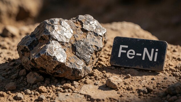 Small black rectangular block word fe-ni written white capital letters placed bed rocks pebbles next there lar