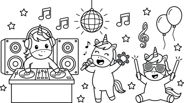 Cute unicorn music party cartoon collection with DJ, singer, disco ball, speakers, balloons, and dancing character outline vector illustration set
