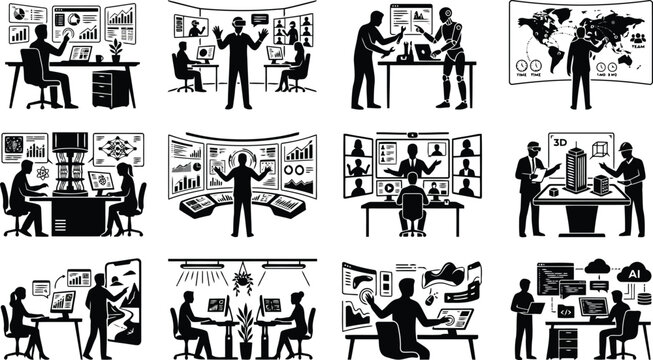 Set of twelve black silhouette depicting future technology and digital workplace activities including virtual reality and artificial intelligence