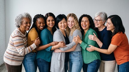 Fototapeta premium Diverse group of women of different ages and ethnicities embracing and laughing together in a studio setting