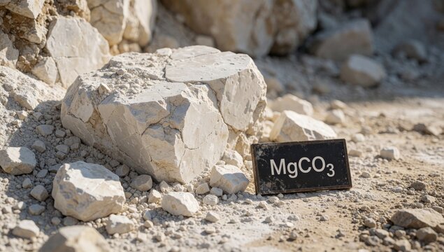 Large rock word mgco3 written black capital letters appears made light-colored material possibly stone concret